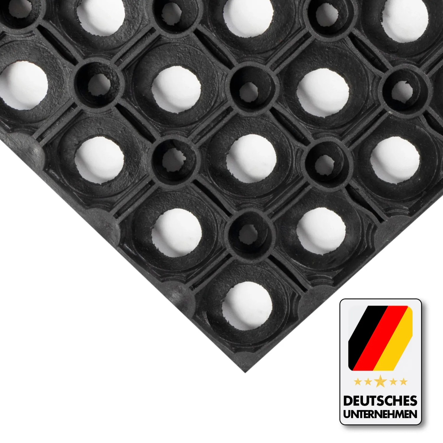 Schwarze KARAT Ringgummimatte Octo Door, eine recyclebare Wabenmatte (100x650x2,3cm) für den Außenbereich.