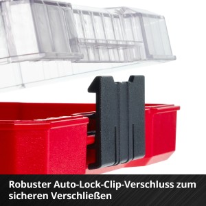 Detailaufnahme des Auto-Lock-Clip-Verschlusses des Einhell Steckschlüssel Bit Sets XS CASE.