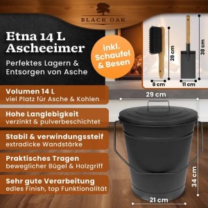 Schwarzer BLACK OAK Ascheeimer ETNA 14L aus Metall mit Deckel, Ascheschaufel und Handfeger für Kamin & Grill.