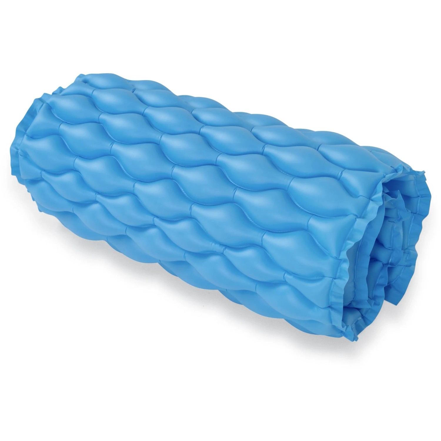 Gerollte, blaue Bestway Luftmatratze Float'n Roll (213x86 cm) aus PVC. Ideal zum Entspannen im Wasser.