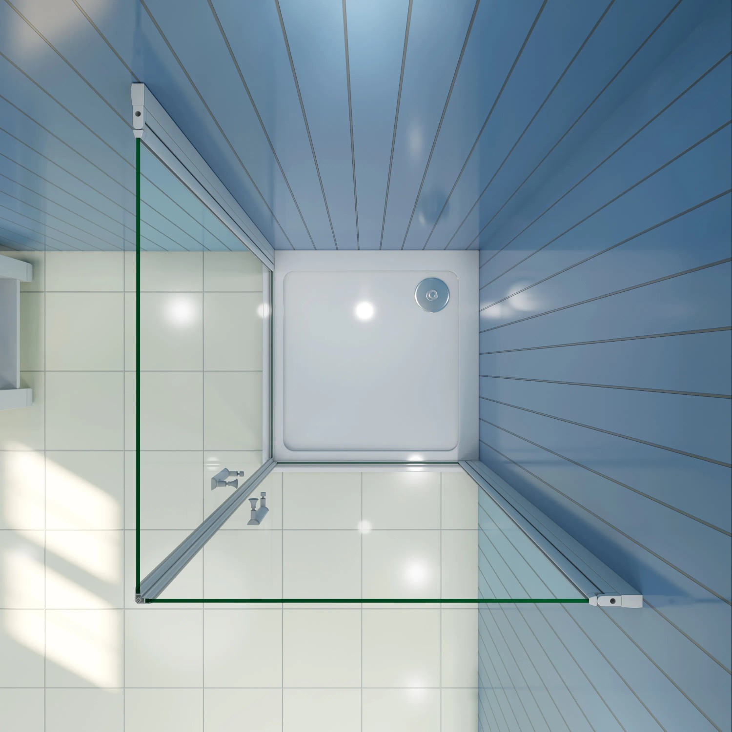 AICA Eckdusche 100x100cm mit Alu Rahmen in Silber Matt und Pendeltür aus Klarglas.