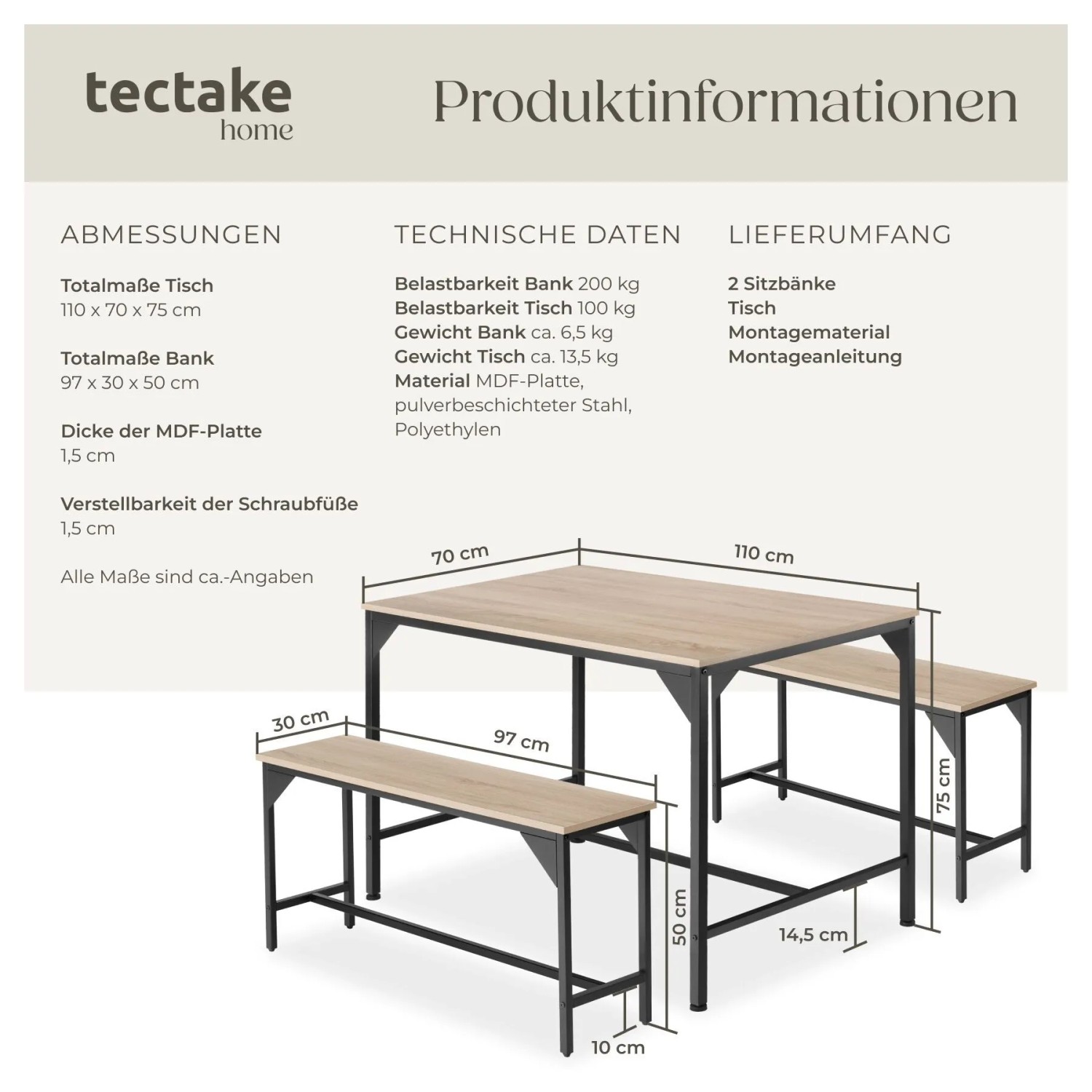 Tectake Sitzgruppe Bolton 3 Teilig Esstisch Mit 2 Sitzbänken 100 x 130 x 75 cm Industrial Holz Hell Eiche Sonoma_6