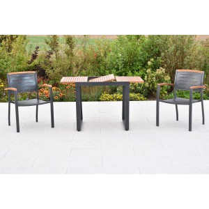 Merxx Tinos 3-tlg. Gartenmöbel-Set mit Stapelsesseln und Ausziehtisch (80/120x70 cm) aus Akazie und Aluminium.