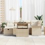 7-teiliges Garten-Sofa-Set aus Poly Rattan in Beige mit Tisch und Kissen.