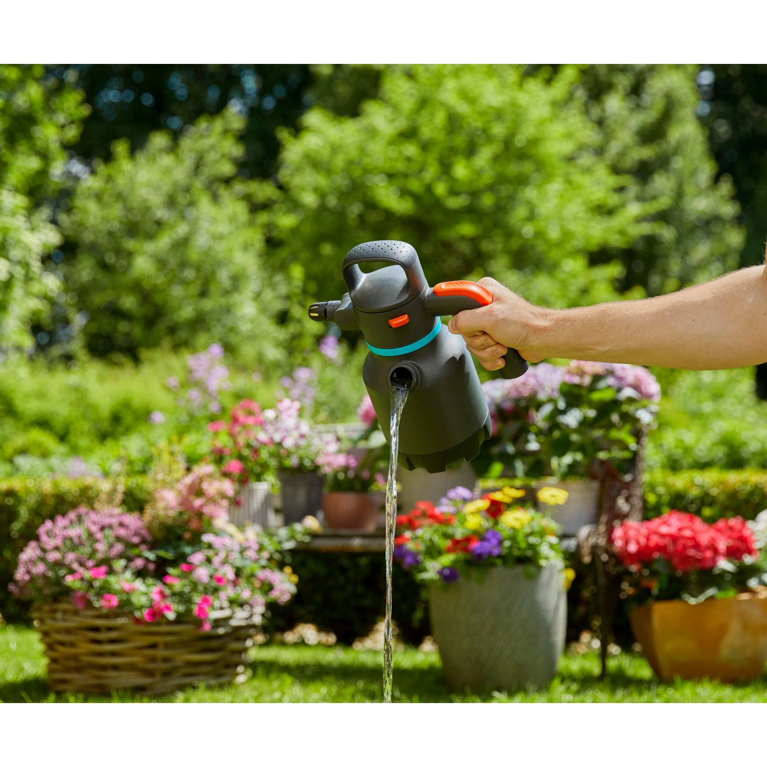 Gardena Drucksprüher 1,25 l in Aktion: Bewässerung im Garten mit dem Pumpsprüher.