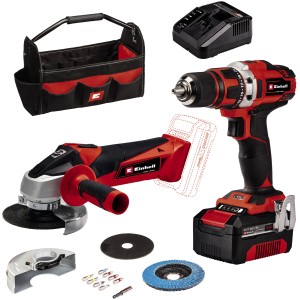 Einhell Power X-Change Werkzeug-Set mit Akkuschrauber, Winkelschleifer, Akku, Ladegerät und Zubehör.