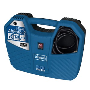 Blauer Scheppach Kompressor Air Force 2 mit Tragegriff und aufgerolltem Schlauch.