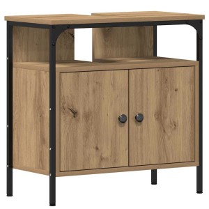 vidaXL Waschbeckenunterschrank Artisan-Eiche, Holzwerkstoff, mit zwei Türen und schwarzem Metallgestell.