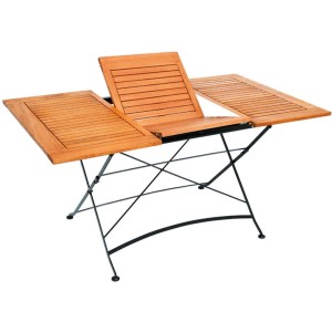 Ausgezogener, rechteckiger Merxx Klapptisch Schlossgarten aus Holz mit schwarzem Stahlgestell.