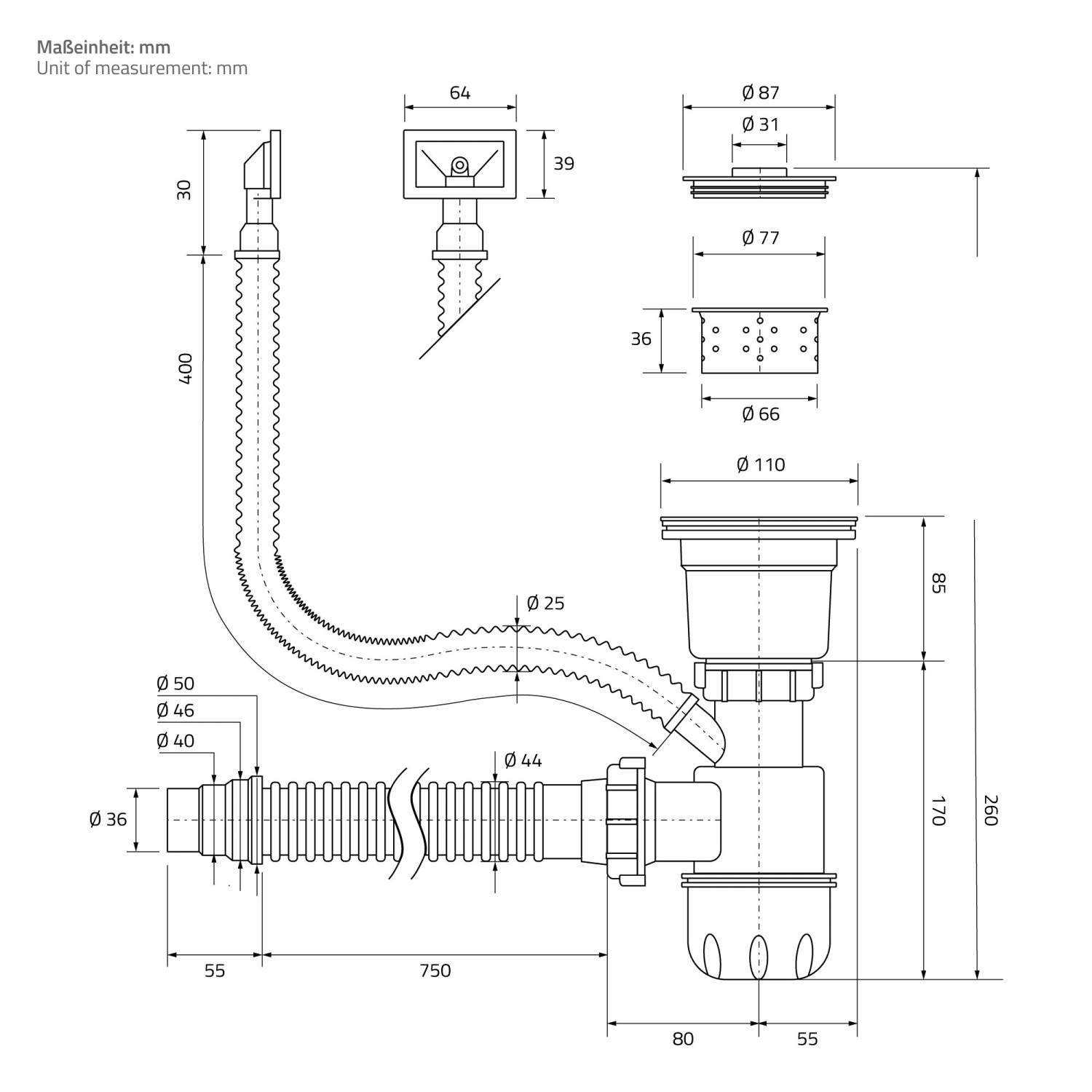 Technische Zeichnung ML-Design Spülbecken Edelstahl Anthrazit mit Maßen von Siphon und Ablaufgarnitur.
