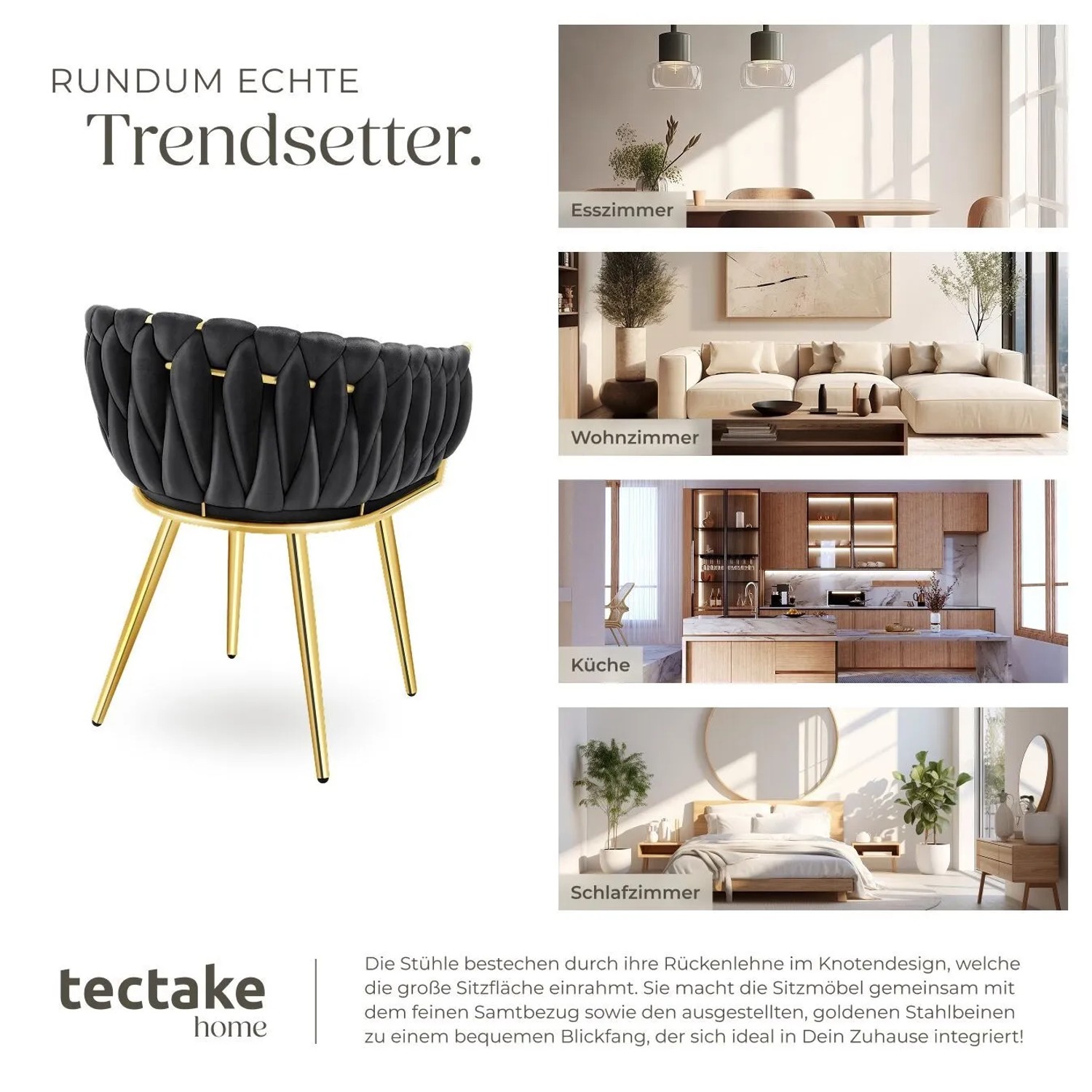 Tectake Esszimmerstuhl Set Astano, schwarz mit goldenen Beinen und Samtbezug.