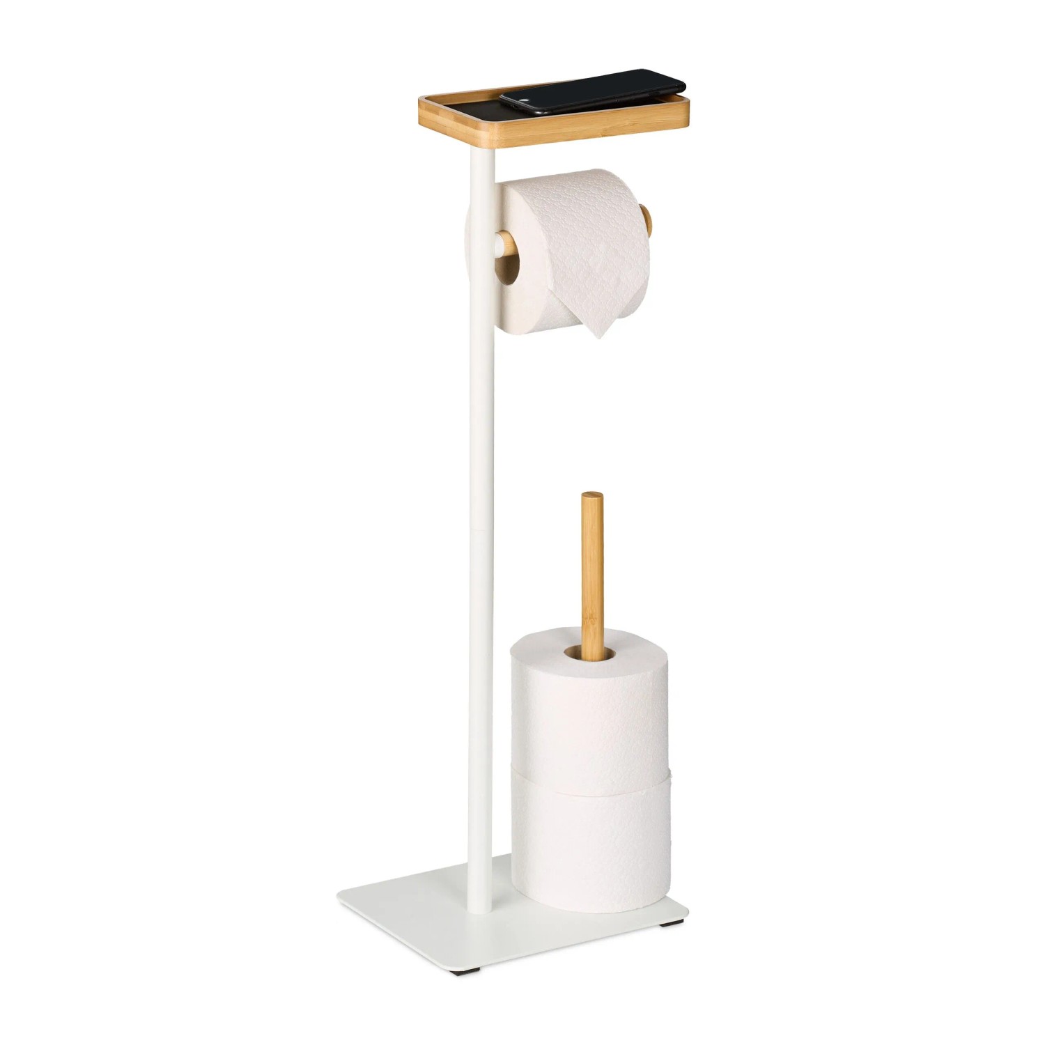 Relaxdays Toilettenpapierhalter Eisen Bambus Weiß Freistehend mit Ablage 65 cm x 23 cm x 18 cm 1,2 kg