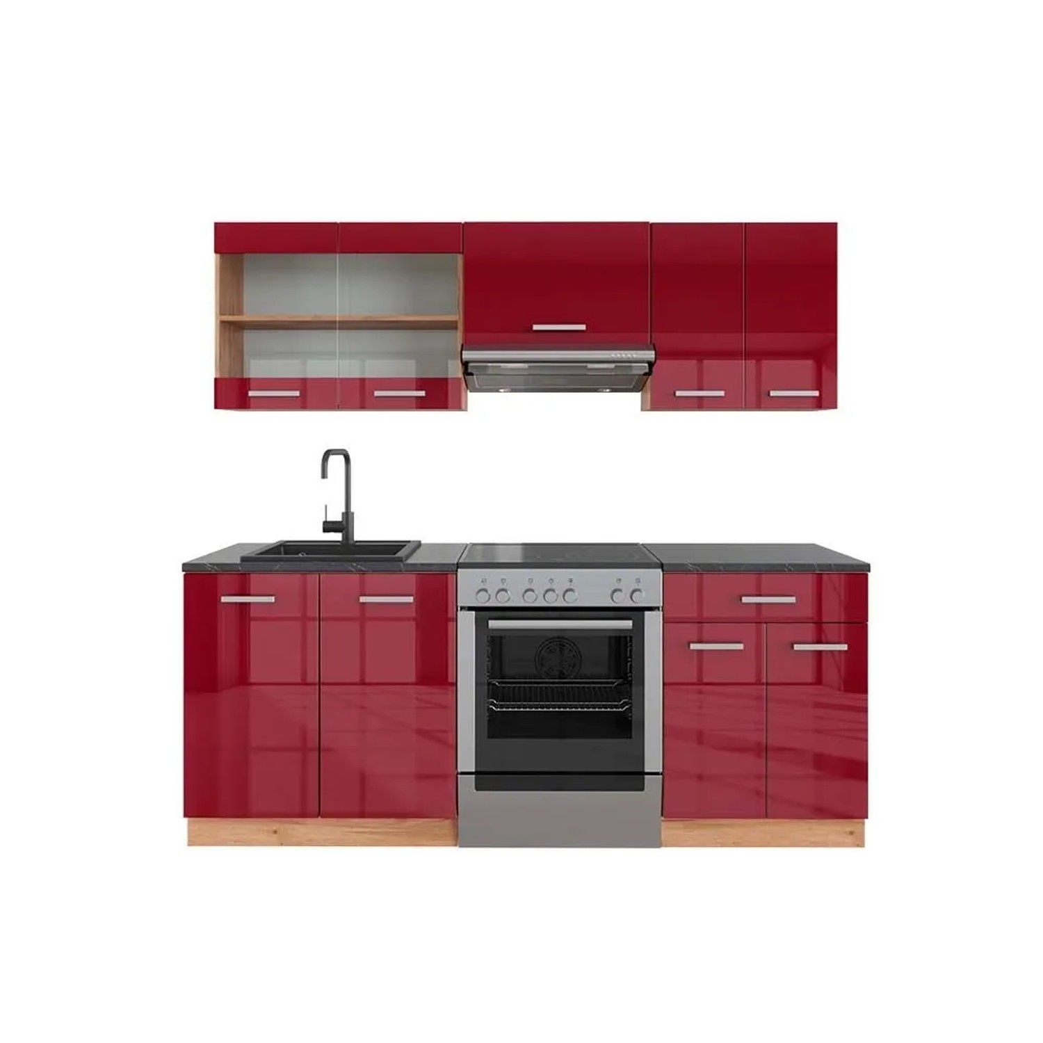 Vicco R-Line Küchenzeile Bordeaux Hochglanz Goldkraft Eiche 200 cm AP Anthrazit ohne E-Geräte