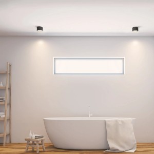 Badezimmer mit zwei schwarzen, runden SSC-LUXon Celi-WX LED Spots an der Decke.