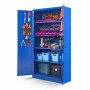 Offener, blauer Jan Nowak Werkzeugschrank BRUNO (185x92x50cm) mit Werkzeugen und Zubehör.