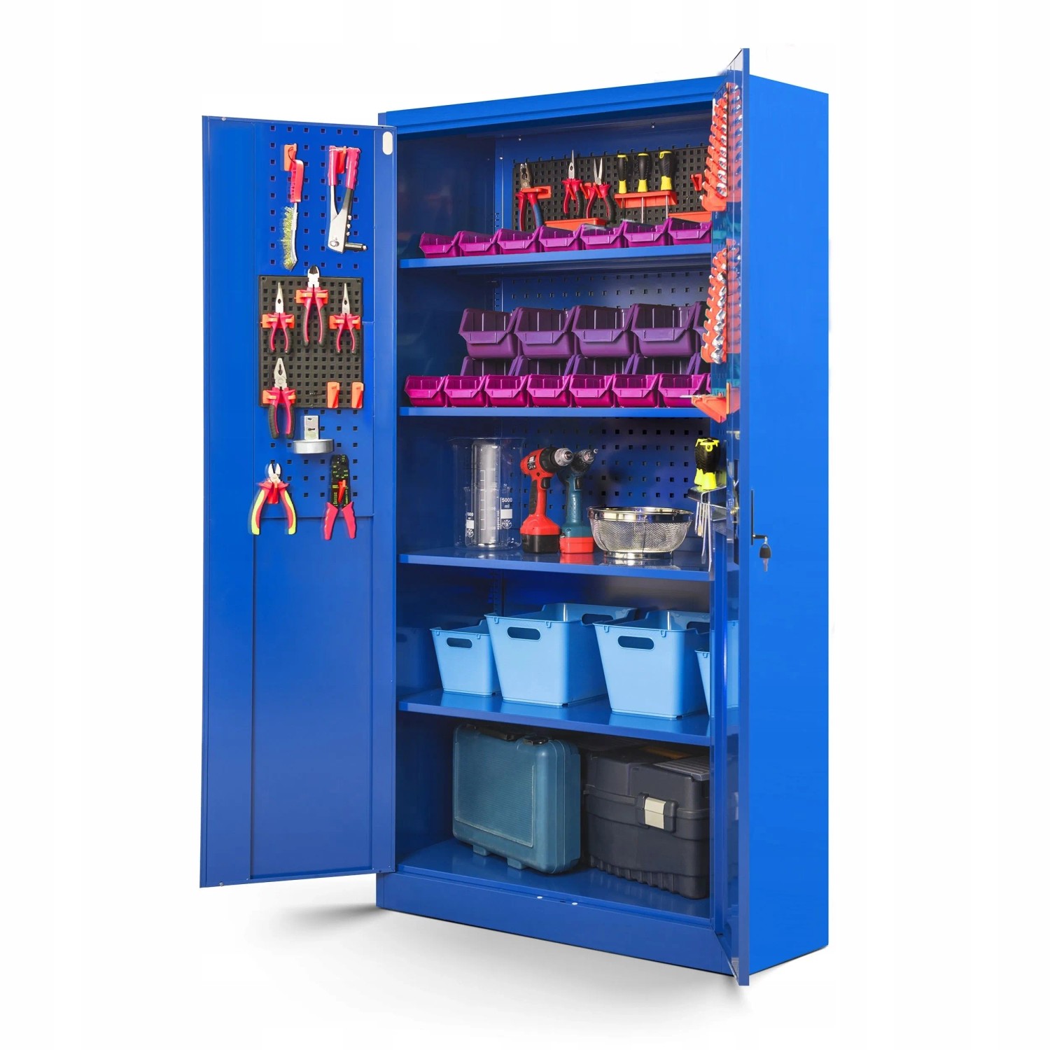 Offener, blauer Jan Nowak Werkzeugschrank BRUNO (185x92x50cm) mit Werkzeugen und Zubehör.