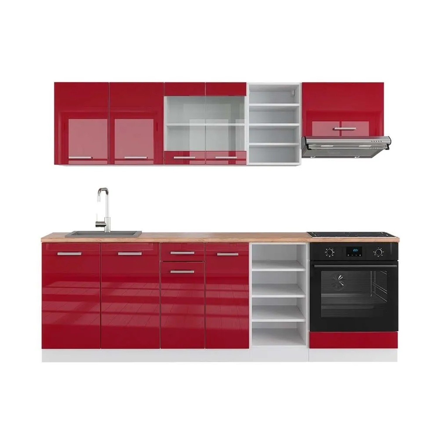 Vicco R-Line Küchenzeile Bordeaux Hochglanz Weiß 240 cm AP Eiche ohne E-Geräte