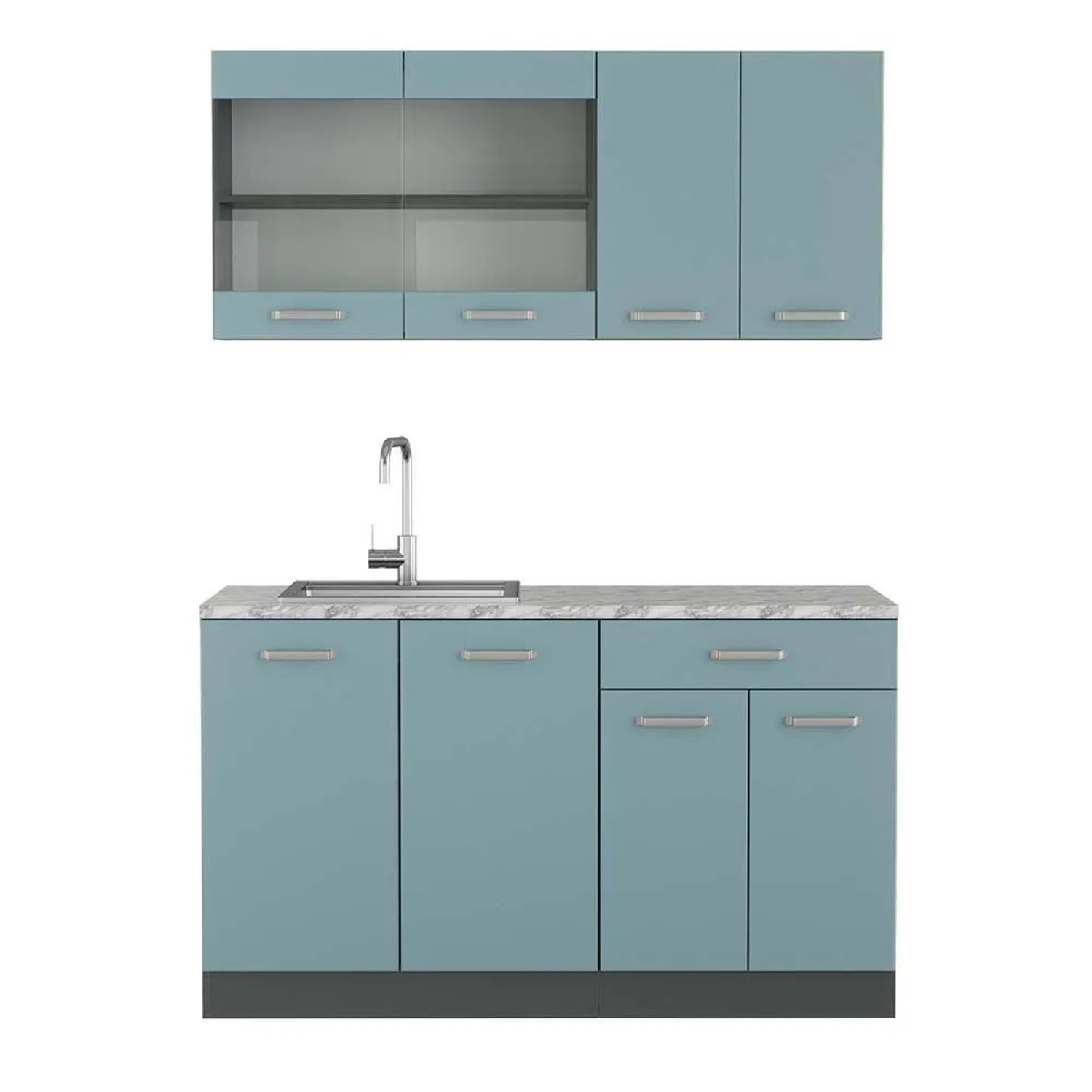 Vicco R-Line Singleküche Blau-Grau Anthrazit 140 cm AP Marmor ohne E-Geräte