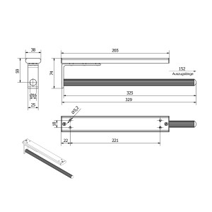 Technische Zeichnung des SOTECH Aluminium Handtuchhalters TED, 1-armig, ausziehbar 325-487 mm, Chrom poliert, mit Bemaßungen.
