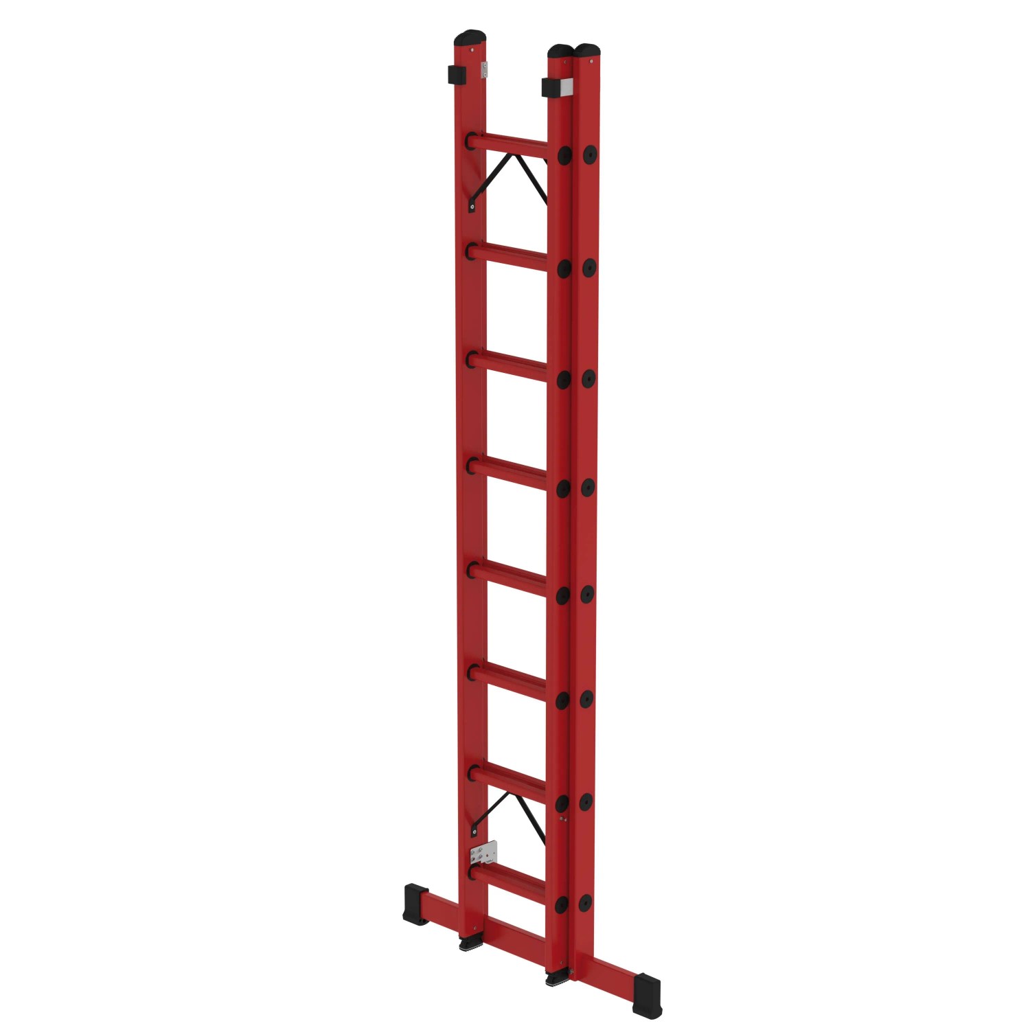 Zweiteilige PROREGAL Sprossen-Schiebeleiter aus GFK mit Traverse, 2x8 Sprossen, rot.
