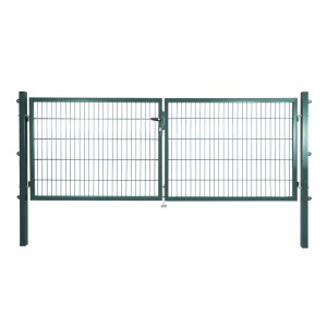 Grünes Solid Doppeltor aus Stahl, 125x300cm, mit Stabmattenfüllung und Montagezubehör.