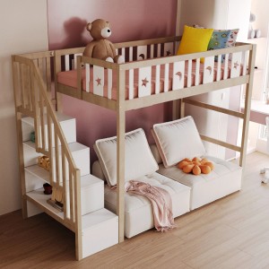 Merax Kinderhochbett 90x200cm aus Massivholz mit breiter Treppe, Regalen und Sofa. Sterne & Monde am Geländer.