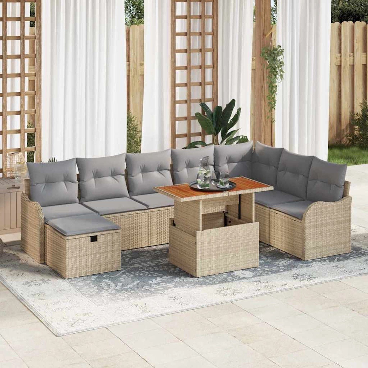 Beiges 9-teiliges vidaXL Garten-Sofa-Set aus Polyrattan mit Kissen und Stauraum.