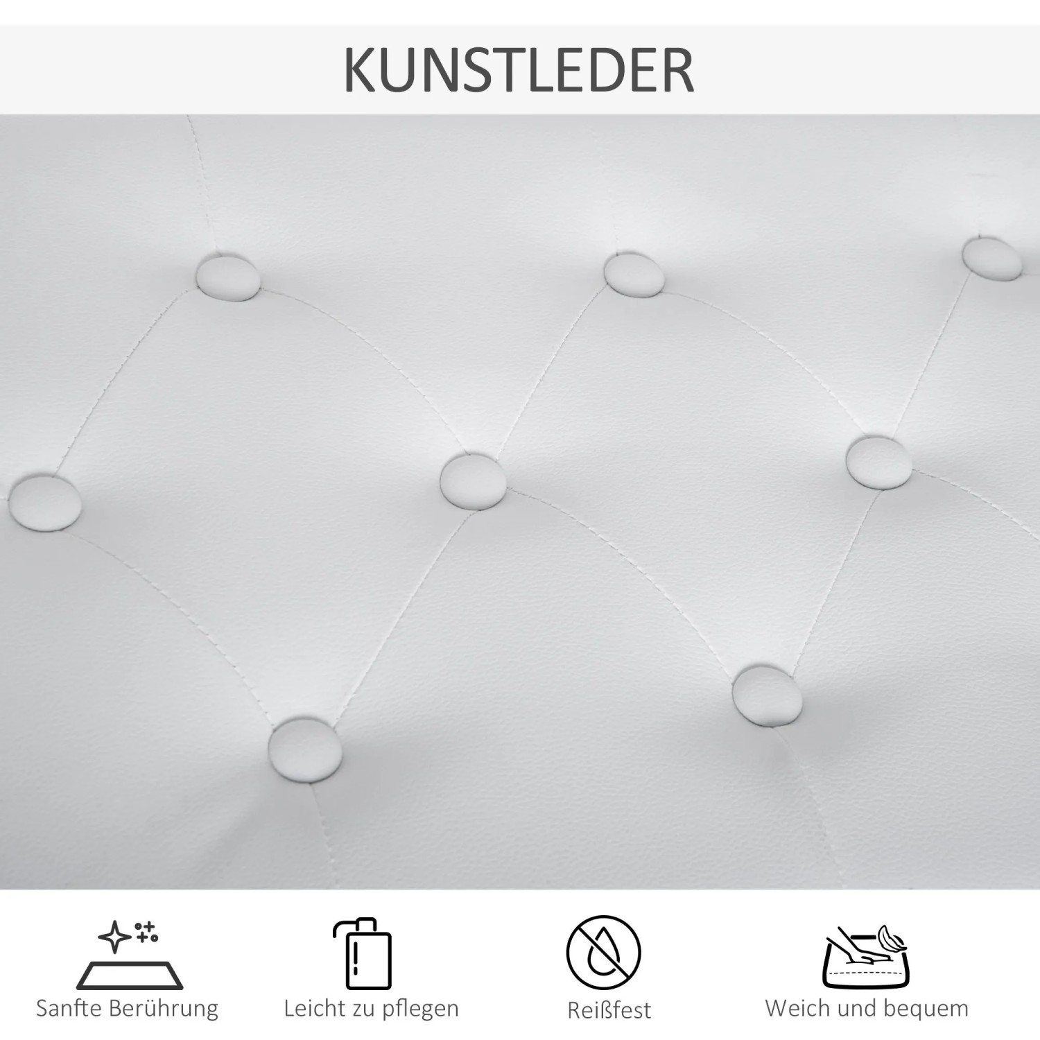 Weißer, gesteppter Kunstlederbezug des HOMCOM Klavierhockers mit Knöpfen. Weich, bequem und pflegeleicht.