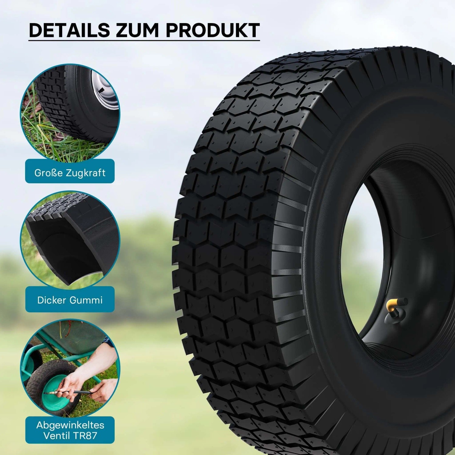 Robuster Rasentraktor Reifen 16x6.50-8 mit tiefem Profil, dickem Gummi und Winkelventil für gute Traktion. Zubehör.