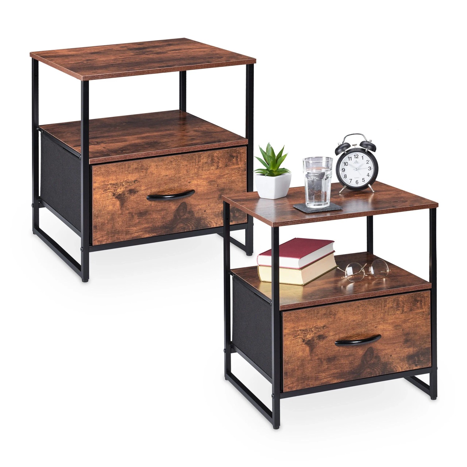 Relaxdays Nachttisch 2er Set MDF Eisen Schwarz Braun Höhenverstellbar 50 cm x 45 cm x 42,5 cm 5,9 kg