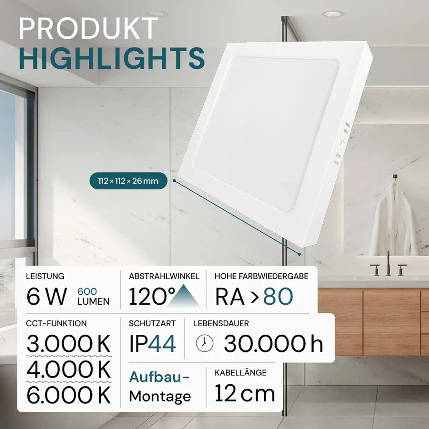 LUXULA LED Aufbauleuchte 6W IP44-Geschützt 600lm Lichtfarbe Einstellbar CCT Deckenleuchte Eckig 112x26mm Badezimmerlampe Weiß_2