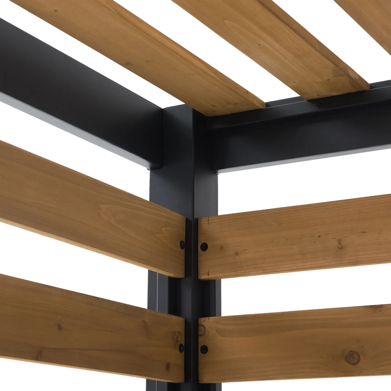 Detailansicht der Sunjoy Pergola Marao mit Stahlrahmen und Zedernholz-Lamellen.