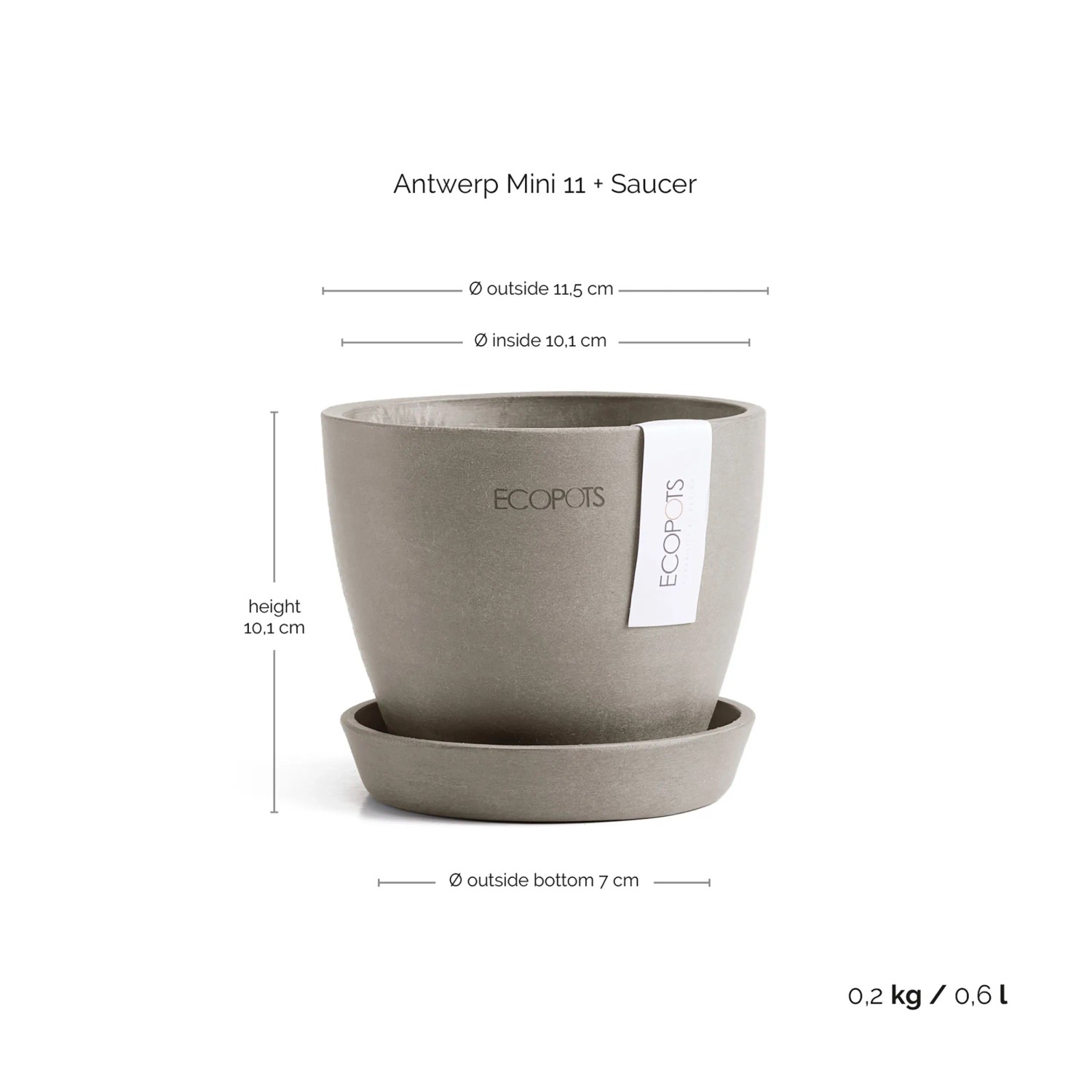 Ecopots Antwerp Mini Pflanztopf, braungrau, 11,5 cm, mit Untersetzer.