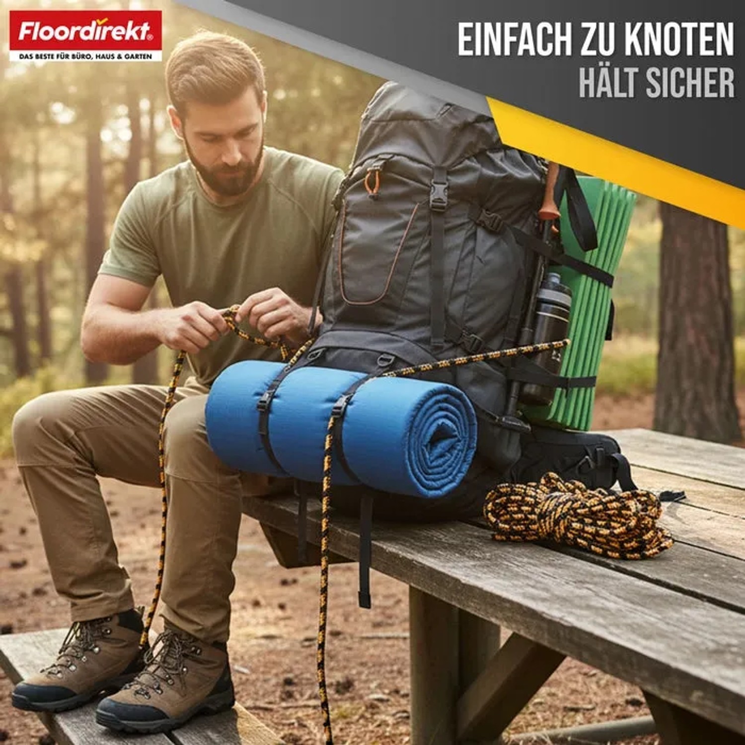 Mann knotet reißfestes Polypropylen Seil (Ø 22mm, 50m) an Rucksack. Outdoor-Aktivität.