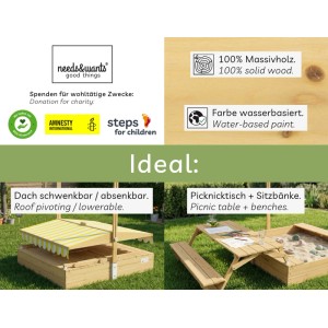 Needs&wants Sandkasten Sunplaya5 mit Dach und Picknickgarnitur im Garten.