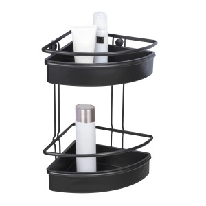 Schwarzes WENKO Eckregal Molinella mit 2 Etagen zur Aufbewahrung von Badutensilien.