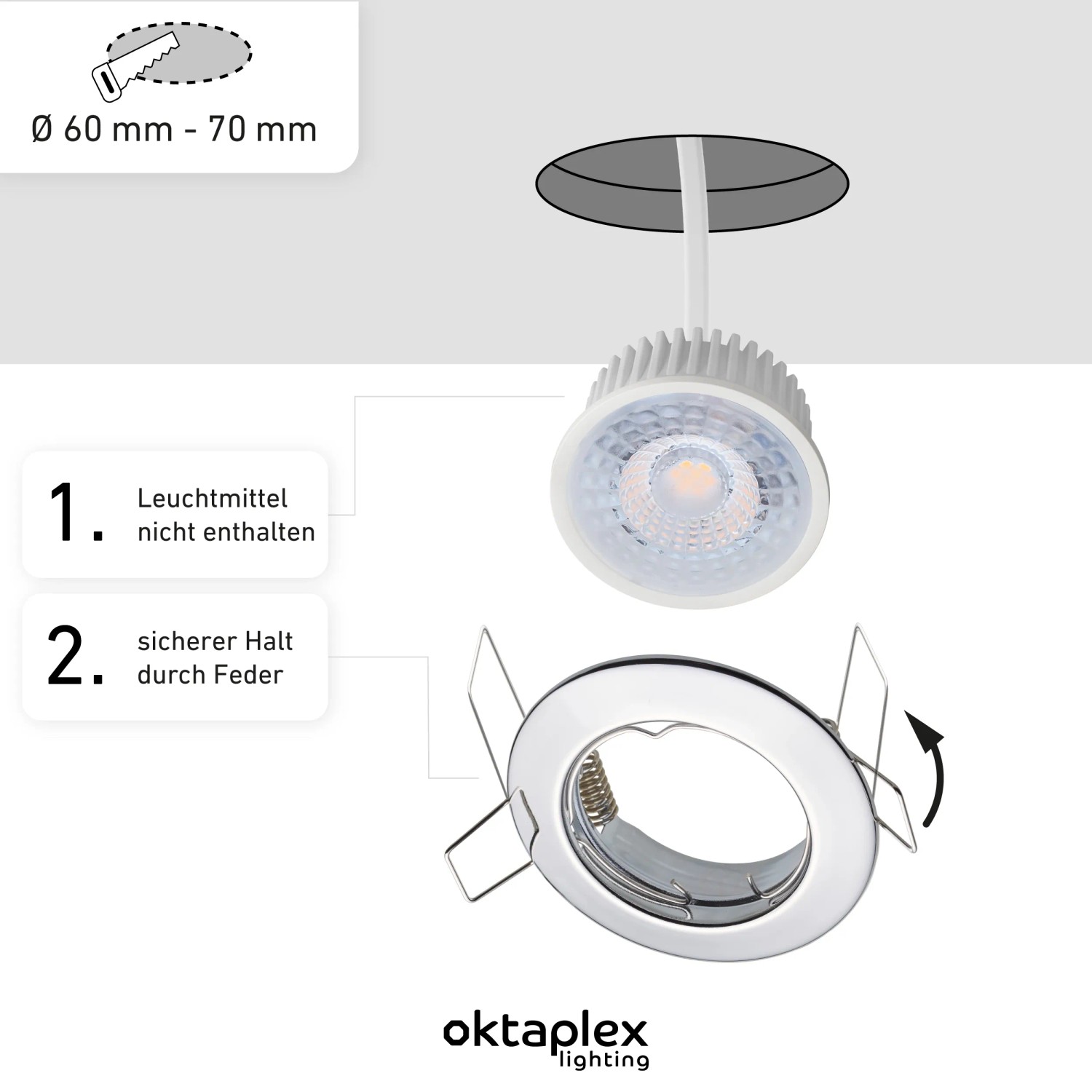 Oktaplex Einbaustrahler Sedan Chromoptik, LED-Modul, Spannfedern für einfache Deckenmontage, Lochmaß 60-70mm.