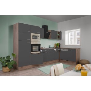 Respekta Winkelküche, 340 cm, Grau Seidenglanz mit Eiche York Dekor, inklusive Elektrogeräte.