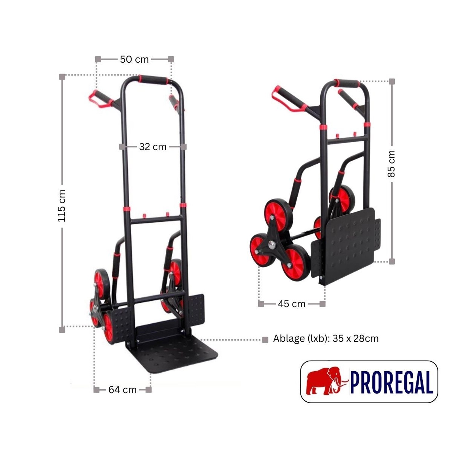 PROREGAL Treppensteiger TAURUS, klappbar, mit Stahlrahmen, roten TPR-Rädern und ergonomischen Griffen. Traglast 250kg.
