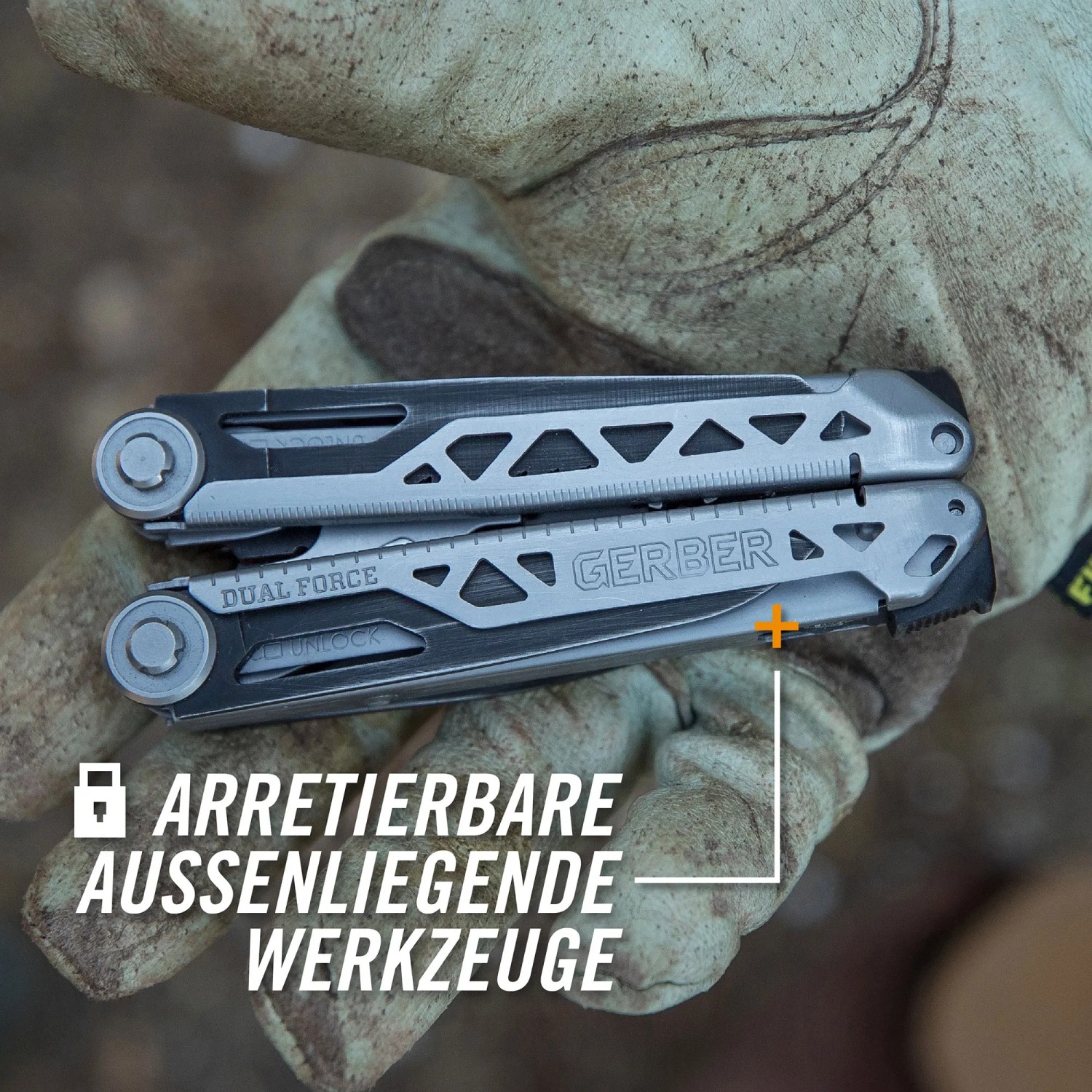 Gerber Dual-Force Multitool mit 12 Werkzeugen in Hand mit Arbeitshandschuh.