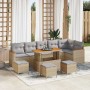 Beiges 10-teiliges vidaXL Garten-Sofa-Set aus Poly Rattan mit Tisch und Kissen.