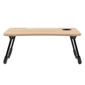 Klappbarer Laptoptisch in Holzoptik mit Getränkehalter und Tablet-Halterung.