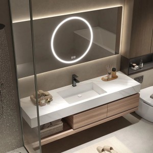 Modernes 120 cm Waschtisch Set mit Sinterstein Waschbecken, Holzschublade, Ablage und LED Spiegel mit Antibeschlagfunktion.