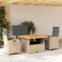 Beige 4-tlg. Garten Essgruppe aus Polyrattan mit verstellbarem Tisch und Sesseln mit Kissen.