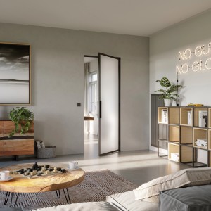 Loft+Mehr Drehtürset mit Blockzarge, mattiertem Glas und schwarzem Griff in modernem Wohnraum.