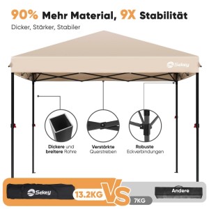 Sekey Premium Pop Up Pavillon 3x3 Khaki. Robustes, verstärktes Gestell mit dicken Rohren für hohe Stabilität.