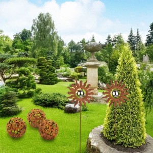 Kobolo Gartenkugel 3er Set KALURA Rostoptik und Sonnen Dekostecker im Garten.