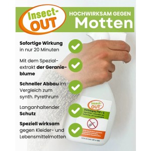 Hand hält Insect-OUT Mottenspray PYR+G. Wirkt gegen Kleider- und Lebensmittelmotten.