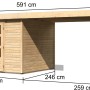Karibu Holz-Gartenhaus Boras mit Flachdach und Anbau, unbehandelt, mit Maßangaben.