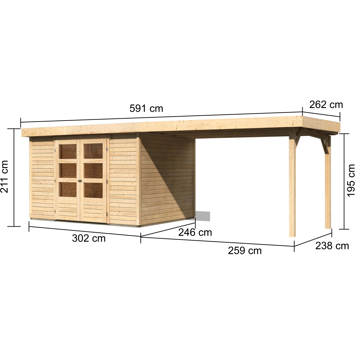 Karibu Holz-Gartenhaus Boras mit Flachdach und Anbau, unbehandelt, mit Maßangaben.
